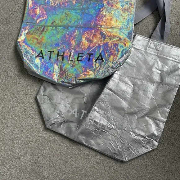 Athleta Reusable Shopping Bags Silver Shiny Iridescent Lot of 2 - Picture 3 of 5